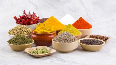 Hint Baharatları Koleksiyonuna Kırmızı Acı Biber, Zerdeçal tozu, Kişniş tozu, Zerdeçal Çubuğu, Kuru Chili, Fenugreek, Kara Biber, Kimyon, Hardal Tohumu, Mirchi, Eski Zemin Üzerine Haldi