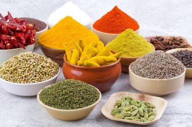 Hint Baharatları Koleksiyonuna Kırmızı Acı Biber, Zerdeçal tozu, Kişniş tozu, Zerdeçal Çubuğu, Kuru Chili, Fenugreek, Kara Biber, Kimyon, Hardal Tohumu, Mirchi, Eski Zemin Üzerine Haldi