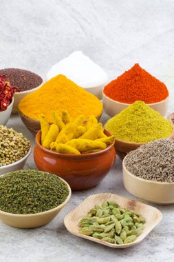 Hint Baharatları Koleksiyonuna Kırmızı Acı Biber, Zerdeçal tozu, Kişniş tozu, Zerdeçal Çubuğu, Kuru Chili, Fenugreek, Kara Biber, Kimyon, Hardal Tohumu, Mirchi, Eski Zemin Üzerine Haldi