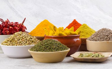 Hint Baharatları Koleksiyonuna Kırmızı Acı Biber, Zerdeçal tozu, Kişniş tozu, Zerdeçal Çubuğu, Kuru Chili, Fenugreek, Kara Biber, Kimyon, Hardal Tohumu, Mirchi, Eski Zemin Üzerine Haldi