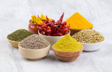 Hint Baharatları Koleksiyonuna Kırmızı Acı Biber, Zerdeçal tozu, Kişniş tozu, Zerdeçal Çubuğu, Kuru Chili, Fenugreek, Kara Biber, Kimyon, Hardal Tohumu, Mirchi, Eski Zemin Üzerine Haldi