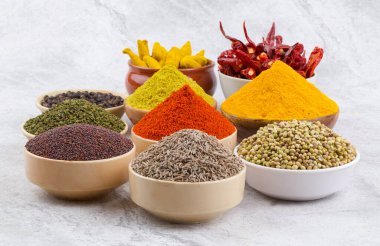 Hint Baharatları Koleksiyonuna Kırmızı Acı Biber, Zerdeçal tozu, Kişniş tozu, Zerdeçal Çubuğu, Kuru Chili, Fenugreek, Kara Biber, Kimyon, Hardal Tohumu, Mirchi, Eski Zemin Üzerine Haldi