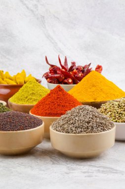 Hint Baharatları Koleksiyonuna Kırmızı Acı Biber, Zerdeçal tozu, Kişniş tozu, Zerdeçal Çubuğu, Kuru Chili, Fenugreek, Kara Biber, Kimyon, Hardal Tohumu, Mirchi, Eski Zemin Üzerine Haldi