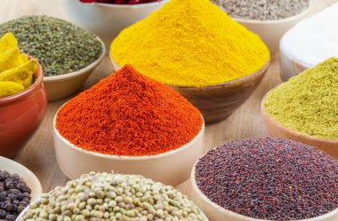 Hint Baharatları Koleksiyonuna Kırmızı Acı Biber, Zerdeçal tozu, Kişniş tozu, Zerdeçal Çubuğu, Kuru Chili, Fenugreek, Kara Biber, Kimyon, Hardal Tohumu, Mirchi, Eski Zemin Üzerine Haldi