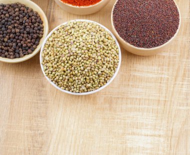 Hint Baharatları Koleksiyonuna Kırmızı Acı Biber, Zerdeçal tozu, Kişniş tozu, Zerdeçal Çubuğu, Kuru Chili, Fenugreek, Kara Biber, Kimyon, Hardal Tohumu, Mirchi, Eski Zemin Üzerine Haldi