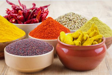 Hint Baharatları Koleksiyonuna Kırmızı Acı Biber, Zerdeçal tozu, Kişniş tozu, Zerdeçal Çubuğu, Kuru Chili, Fenugreek, Kara Biber, Kimyon, Hardal Tohumu, Mirchi, Eski Zemin Üzerine Haldi