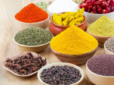 Hint Baharatları Koleksiyonuna Kırmızı Acı Biber, Zerdeçal tozu, Kişniş tozu, Zerdeçal Çubuğu, Kuru Chili, Fenugreek, Kara Biber, Kimyon, Hardal Tohumu, Mirchi, Eski Zemin Üzerine Haldi