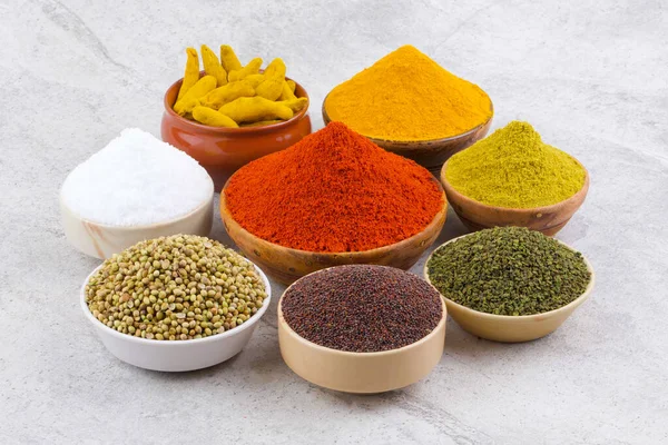 Indian Spices Collection Also Called Red Chili Powder Turmeric Powder — Stock Photo, Image