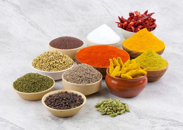 Indian Spices Collection Also Called Red Chili Powder, Turmeric Powder, Coriander Powder, Turmeric Stick, Dry Chili, Fenugreek, Black Pepper, Cumin, Mustard Seed, Mirchi, Haldi on Vintage Background