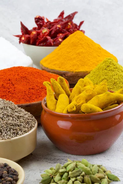 Indian Spices Collection Also Called Red Chili Powder Turmeric Powder — Stock Photo, Image