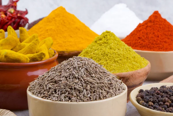 Indian Spices Collection Also Called Red Chili Powder, Turmeric Powder, Coriander Powder, Turmeric Stick, Dry Chili, Fenugreek, Black Pepper, Cumin, Mustard Seed, Mirchi, Haldi on Vintage Background