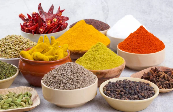 Indian Spices Collection Also Called Red Chili Powder, Turmeric Powder, Coriander Powder, Turmeric Stick, Dry Chili, Fenugreek, Black Pepper, Cumin, Mustard Seed, Mirchi, Haldi on Vintage Background