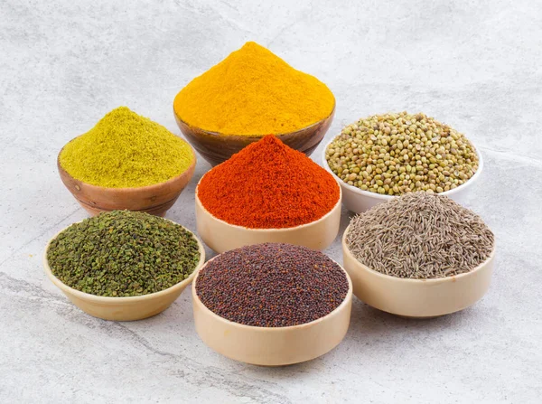 Indian Spices Collection Also Called Red Chili Powder Turmeric Powder — Stock Photo, Image