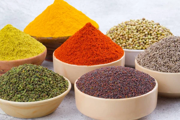 Indian Spices Collection Also Called Red Chili Powder, Turmeric Powder, Coriander Powder, Turmeric Stick, Dry Chili, Fenugreek, Black Pepper, Cumin, Mustard Seed, Mirchi, Haldi on Vintage Background