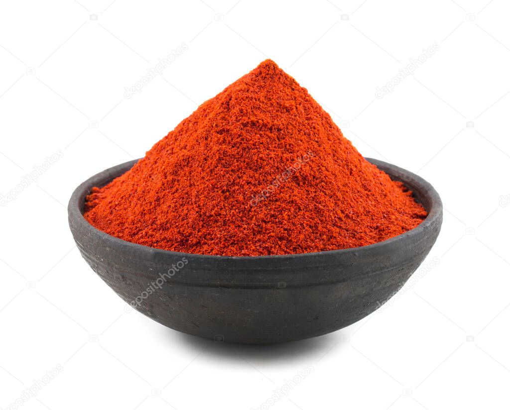 Red Chilli Pepper Powder Also Know as Mirchi, Mirchi Powder, Lal Mirchi, Mirch or Laal Mirchi isolated on White Background