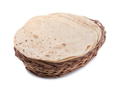 Geleneksel Hint Mutfağı Chapati Roti, Fulka, Paratha, Hint Ekmeği, Düz Ekmek, Chapathi, Wheaten Düz Ekmek, Chapatti, Chappathi veya Beyaz Arkaplanda Kulcha olarak da bilinir.