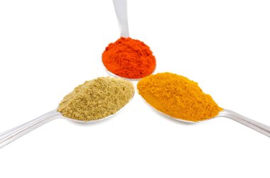 Hindistan Baharatları Kırmızı Biber tozu, zerdeçal tozu, kişniş tozu, Mirchi, Mirch, Haldi, Dhaniya tozu olarak da bilinir.