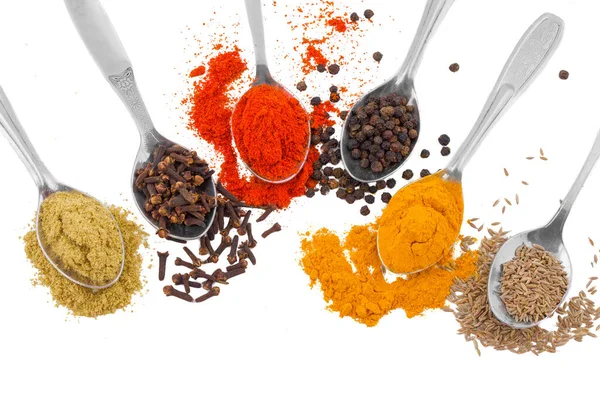 Indian Spices in Spoons Also Know as Red Chilli Powder, Black Pepper, Turmeric Powder, Coriander Powder, Cumin, Cloves, Mirchi, Mirch, Laal Mirchi, Haldi, Dhaniya Powder, Jeera, Kali Mirch or Lavang.
