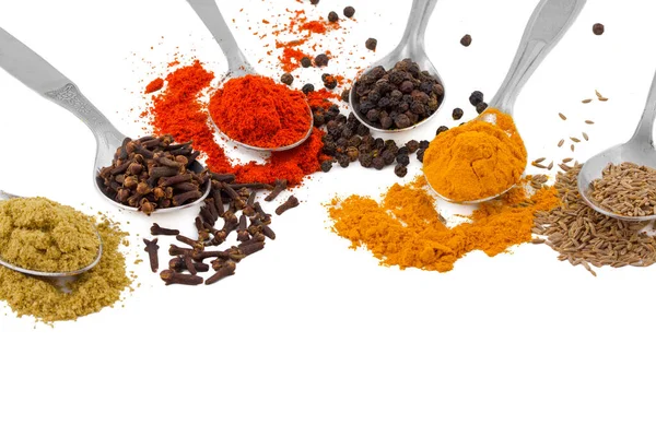 Indian Spices in Spoons Also Know as Red Chilli Powder, Black Pepper, Turmeric Powder, Coriander Powder, Cumin, Cloves, Mirchi, Mirch, Laal Mirchi, Haldi, Dhaniya Powder, Jeera, Kali Mirch or Lavang.
