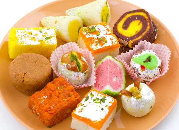 India Mezcla Tradicional Alimentos Dulces Mezcla Mithai Incluyen Peda Mawa — Foto de Stock