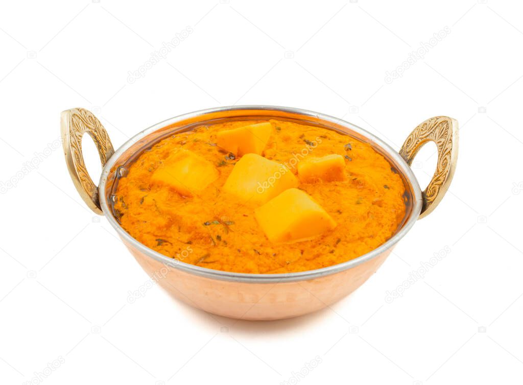 Indian Delicious Spicy Vegetarian Cuisine Paneer Toofani Also Know as Paneer Tufani, Toofani Paneer Masala or Dhaba Style Paneer Masala on isolated White Background