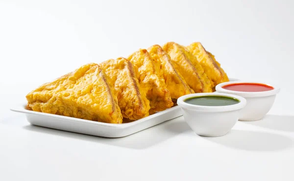 Pan Merienda Frito Indio Pakora Pan Bhaji Servido Con Salsa — Foto de Stock