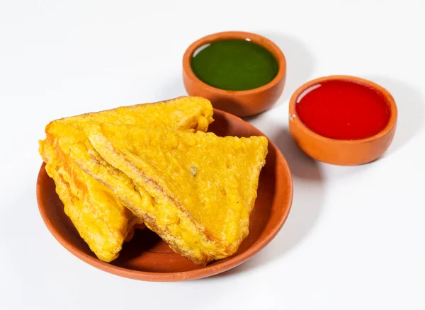 Pan Merienda Frito Indio Pakora Pan Bhaji Servido Con Salsa — Foto de Stock