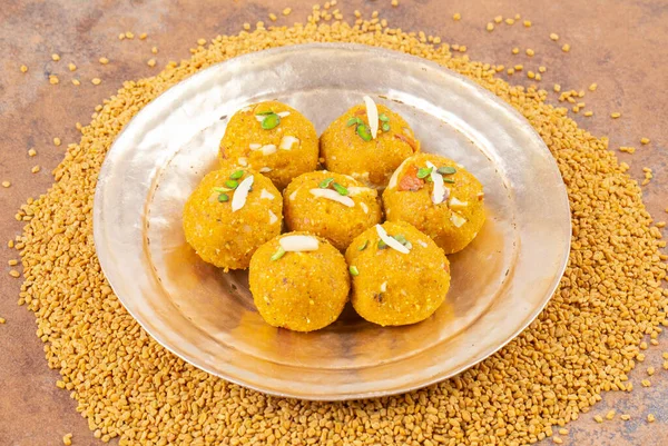 Indian Traditional Winter Sweet Food Methi Laddu Also Know as Methi Ke Laddu or Fenugreek Laddu Made From Fenugreek Seeds, Ginger, Saunf And Jaggery