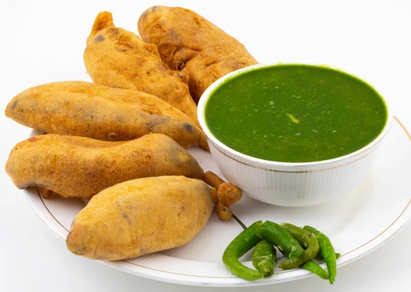 Indian Street Fried Food Spicy Chilli Pakora Served Sauce Chutney — Φωτογραφία Αρχείου