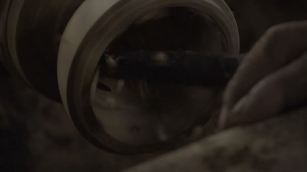 Slow Motion Shot Woodturning Process — Stock Video