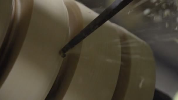 Slow Motion Shot Woodturning Process — Stockvideo