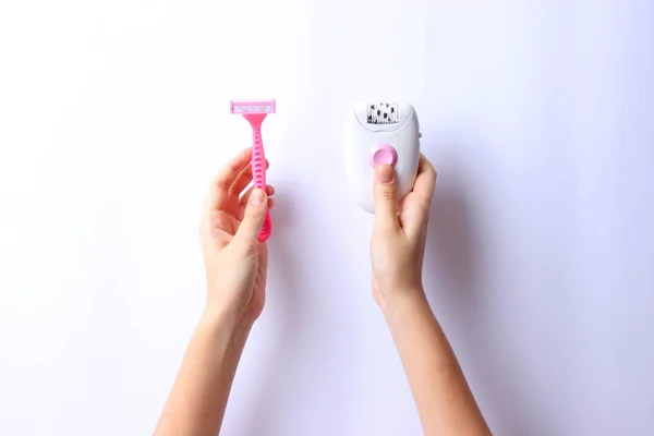 Modern Epilator Razor Female Hands Choice Removal Unwanted Hair Smooth — Stock Photo, Image