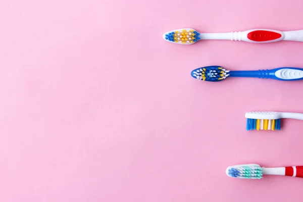 Toothbrushes Colored Background Top View Oral Health Brush Your Teeth — Stock Photo, Image
