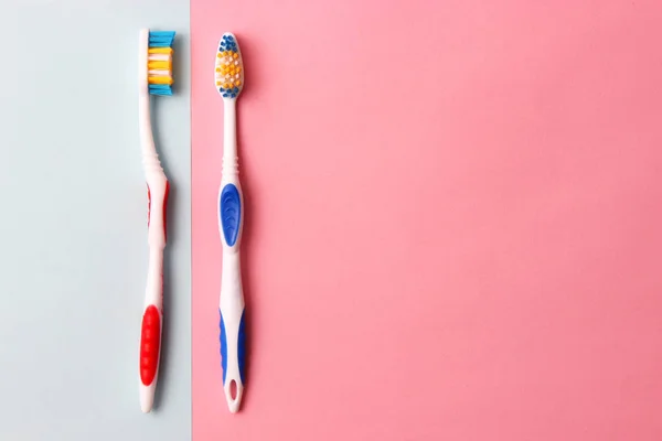 Toothbrushes Colored Background Top View Oral Health Brush Your Teeth — Stock Photo, Image