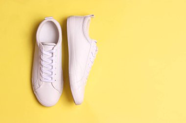 erkek spor ayakkabı renkli arka plan tepesinde görüntüleyin. Erkek Ayakkabı. minimalizm