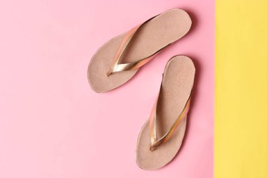 renkli arka plan üstüne kadın terlik görüntüleyin. minimalizm, kadın ayakkabı.