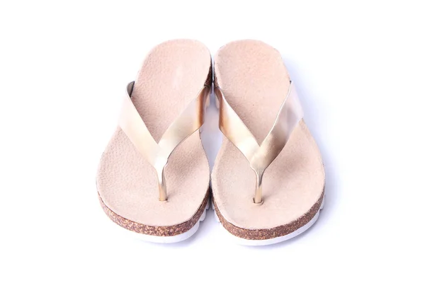 Palmadas Femininas Isoladas Branco Sapatos Praia Para Mulheres — Fotografia de Stock