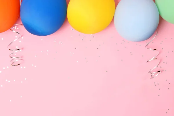 Balloons Ribbons Confetti Colored Background Top View Celebration — Stock Photo, Image