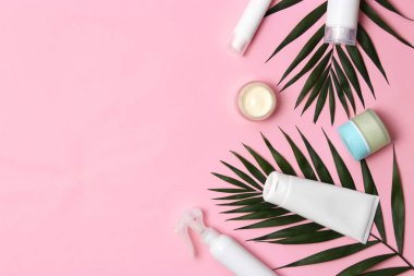 Renkli arka plan görünümlü doğal kozmetik ve yeşil yaprak. Düz çizgi 