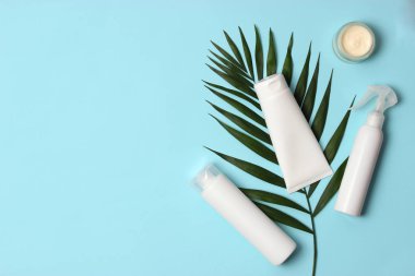 Renkli arka plan görünümlü doğal kozmetik ve yeşil yaprak. Düz çizgi 