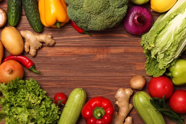 Different Fresh Vegetables Wooden Table Top View Proper Healthy Food — Stock Photo, Image