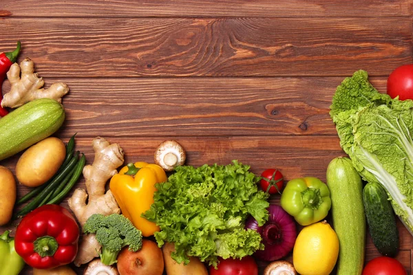 Different Fresh Vegetables Wooden Table Top View Proper Healthy Food — Stock Photo, Image