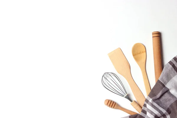 Verschiedene Küchenutensilien Auf Einer Hellen Hintergrundansicht Kochgeräte Flache Lage — Stockfoto