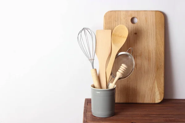 Set Stoviglie Fondo Legno Apparecchi Cucina — Foto Stock