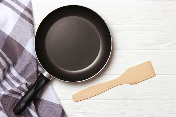 Frying Pan Wooden Table Top View Cooking — Stock Photo, Image