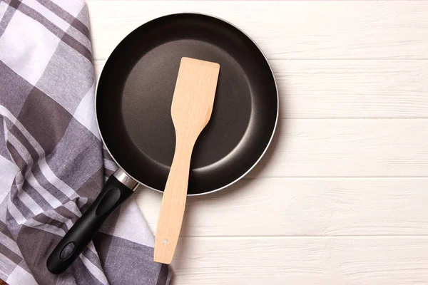 Frying Pan Wooden Table Top View Cooking — Stock Photo, Image