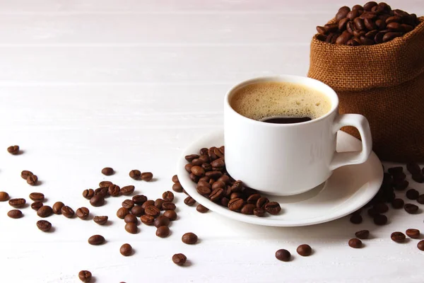 Cup Aromatic Coffee Coffee Beans Wooden Background Top View Coffee Royalty Free Stock Images