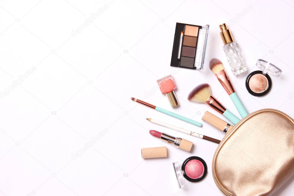 professional makeup tools. Products for makeup on a white background top view. A set of various products for makeup.
