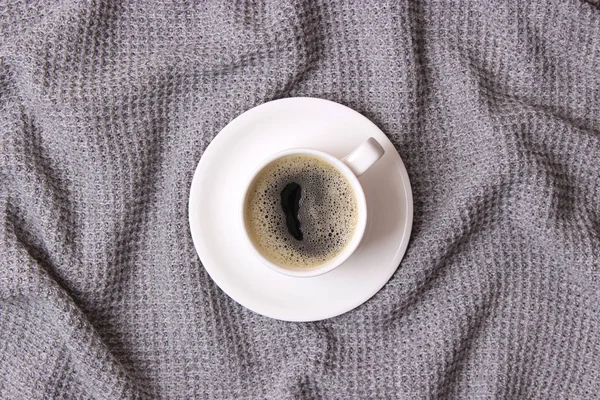 Cup Coffee Background Knitted Plaid Top View — Stock Photo, Image