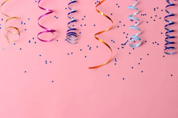 Festive Background Ribbons Confetti Colored Background Top View — Foto de Stock